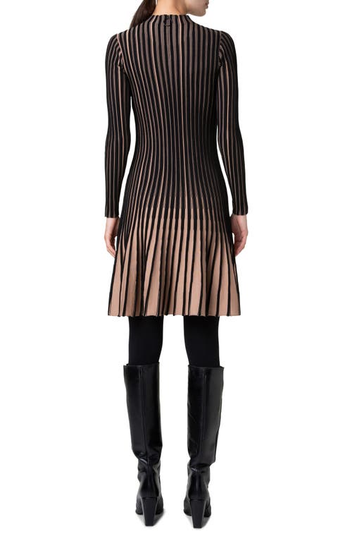 Akris Punto Stripe Long Sleeve Merino Wool Rib Sweater Dress In Black-caramel