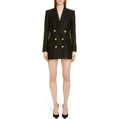 Balmain Double Breasted Tweed Blazer Dress, 46 FR - Black