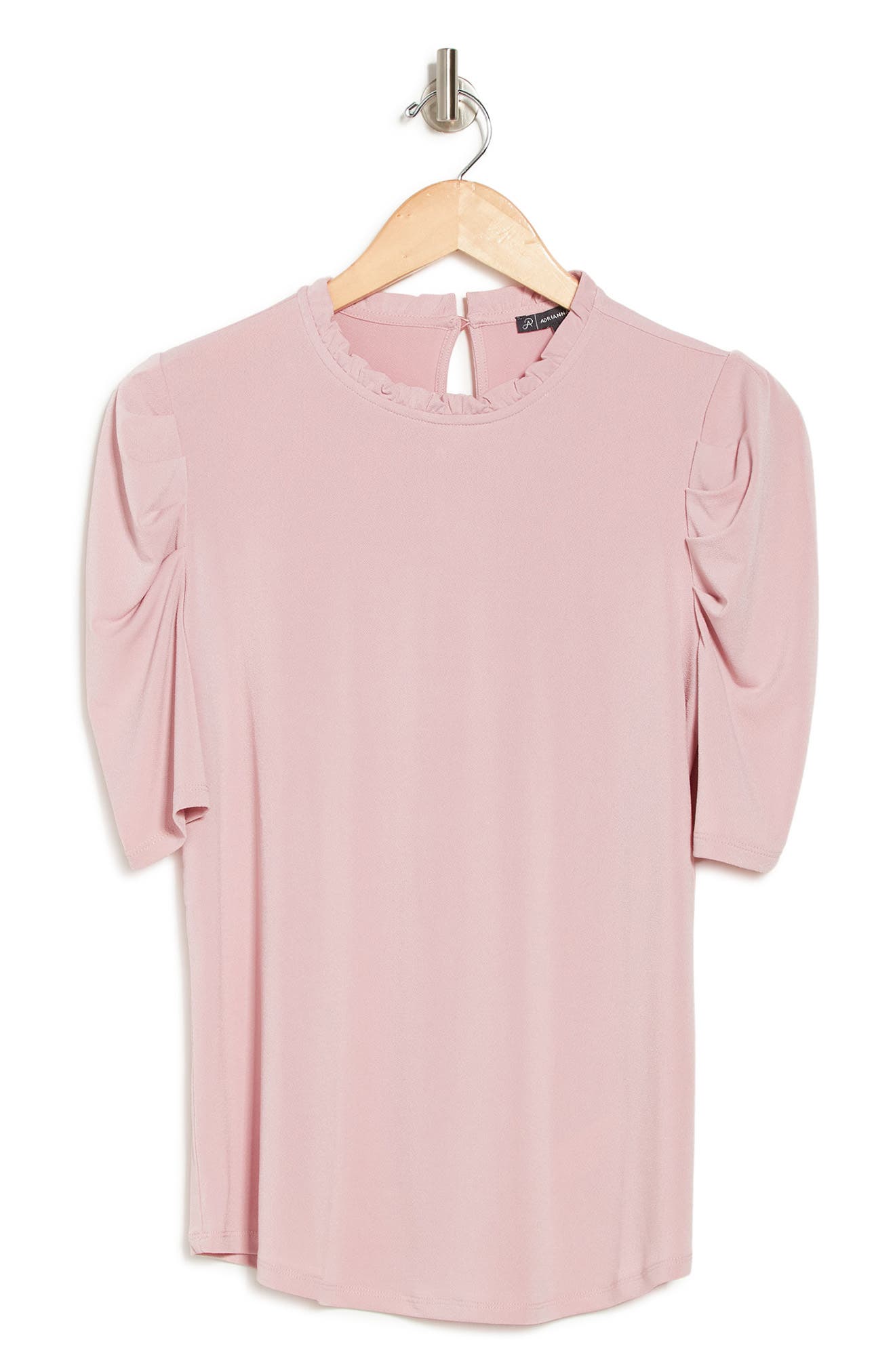 Adrianna Papell Ruffle Neck 3/4 Sleeve Moss Crepe Top In Blushpink