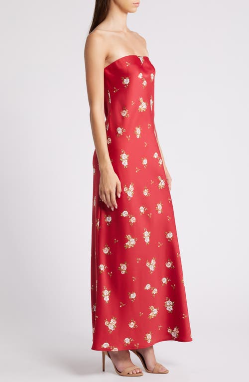 Shop Wayf Madelyn Floral Strapless Satin Cocktail Dress In Scarlet Ditsy