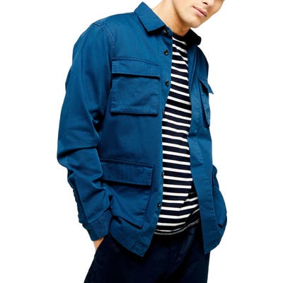 Topman Slim Fit Long Shirt Jacket, Blue