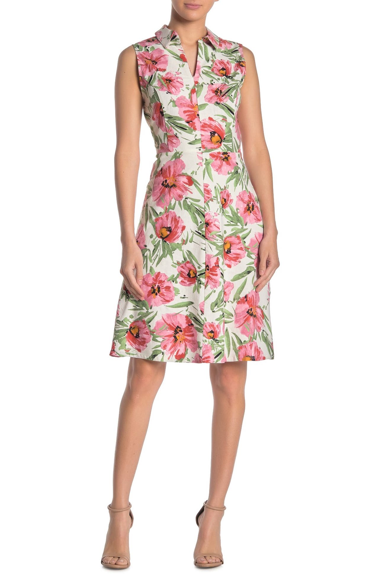 T Tahari Floral Printed Collared Linen Blend Dress Nordstrom Rack