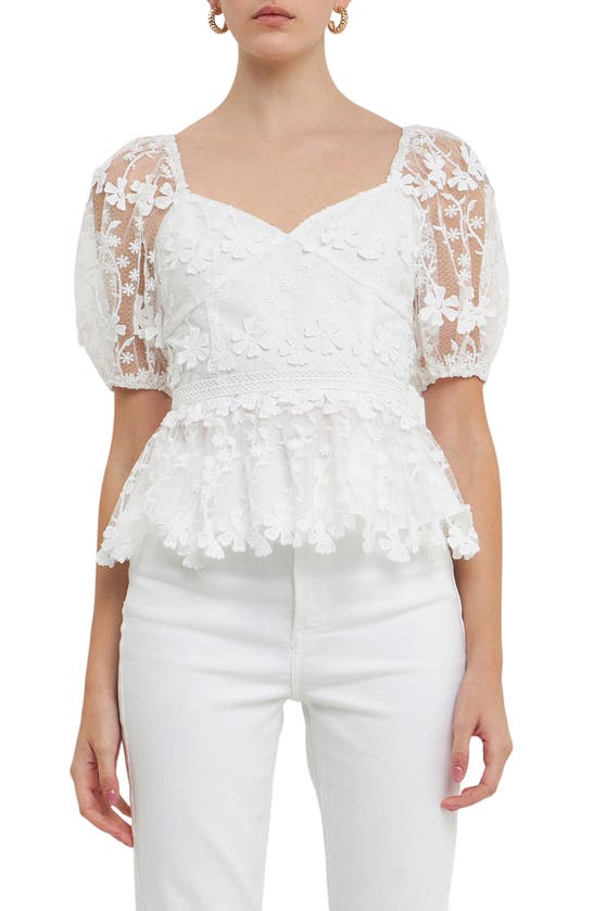 Shop Endless Rose Floral Lace Puff Sleeve Peplum Top In White