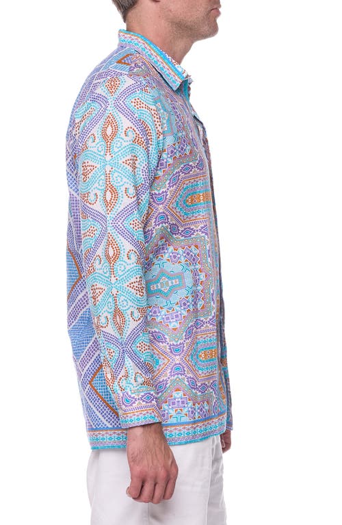 Ranee's Ranees Geometric Print Linen & Cotton Blend Button-up Shirt In Baby Blue