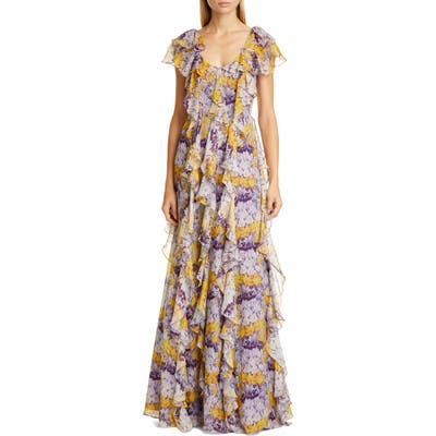 Flor Et. Al Valles Floral Silk Chiffon Gown, Purple