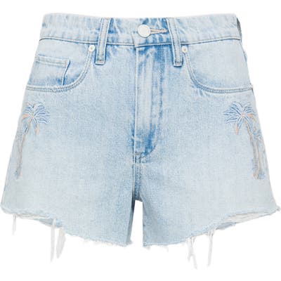 Blanknyc Palm Tree Embroidered High Waist Denim Shorts, Blue