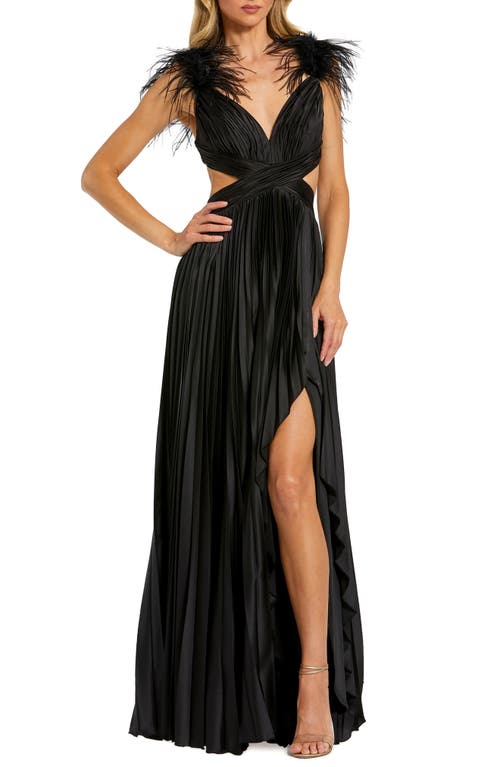 Mac Duggal Feather Detail Cutout Pleated Gown Black at Nordstrom,