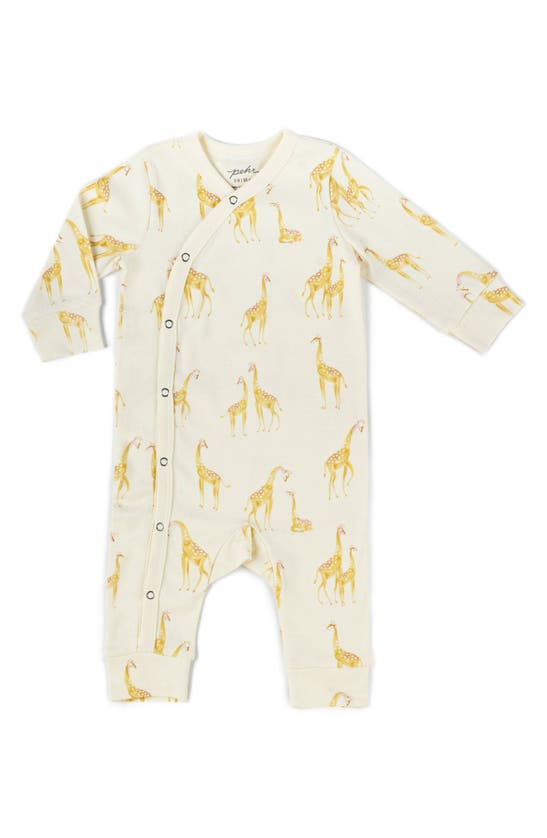 Shop Pehr Follow Me Giraffe Print Organic Cotton Romper In Yellow
