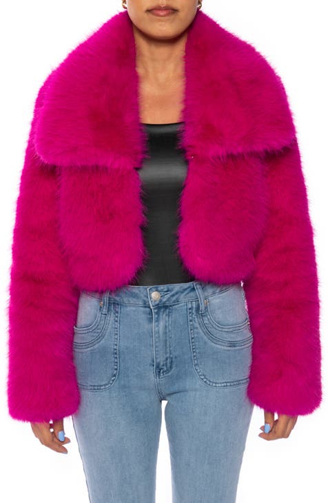 Miss Selfridge Collar Crop Faux Fur Jacket in Bright Pink