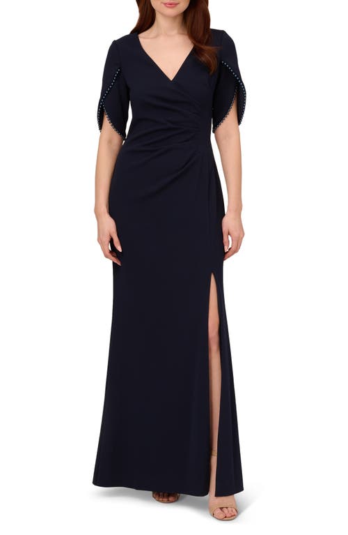Adrianna Papell Imitation Pearl Trim Crepe Gown in Midnight