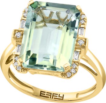 14K Yellow Gold Green Quartz & Diamond Ring - Size 7
