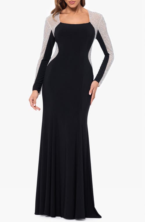 Xscape Evenings Rhinestone Detail Long Sleeve Gown In Black/nude/silver