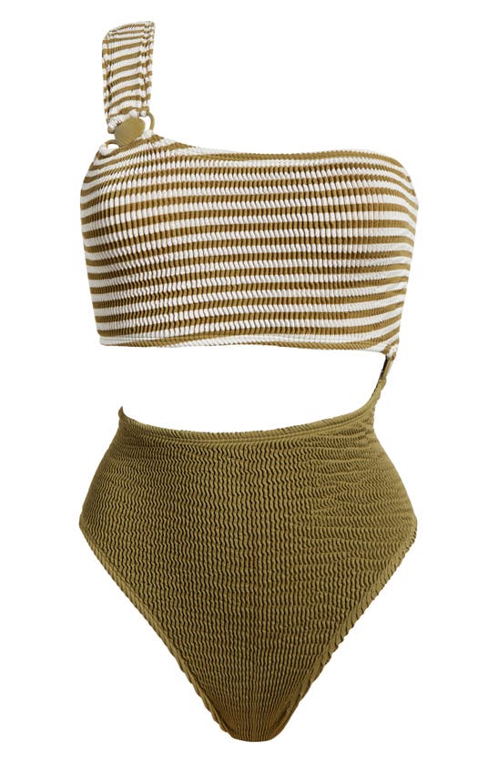 Shop Cleonie Cutout One-shoulder One-piece Swimsuit In Moss/ Moss Stripe