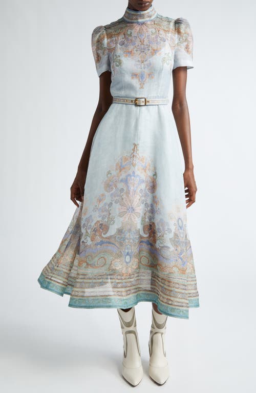 Shop Zimmermann Eden Belted Linen & Silk Midi Dress In Blue Paisley