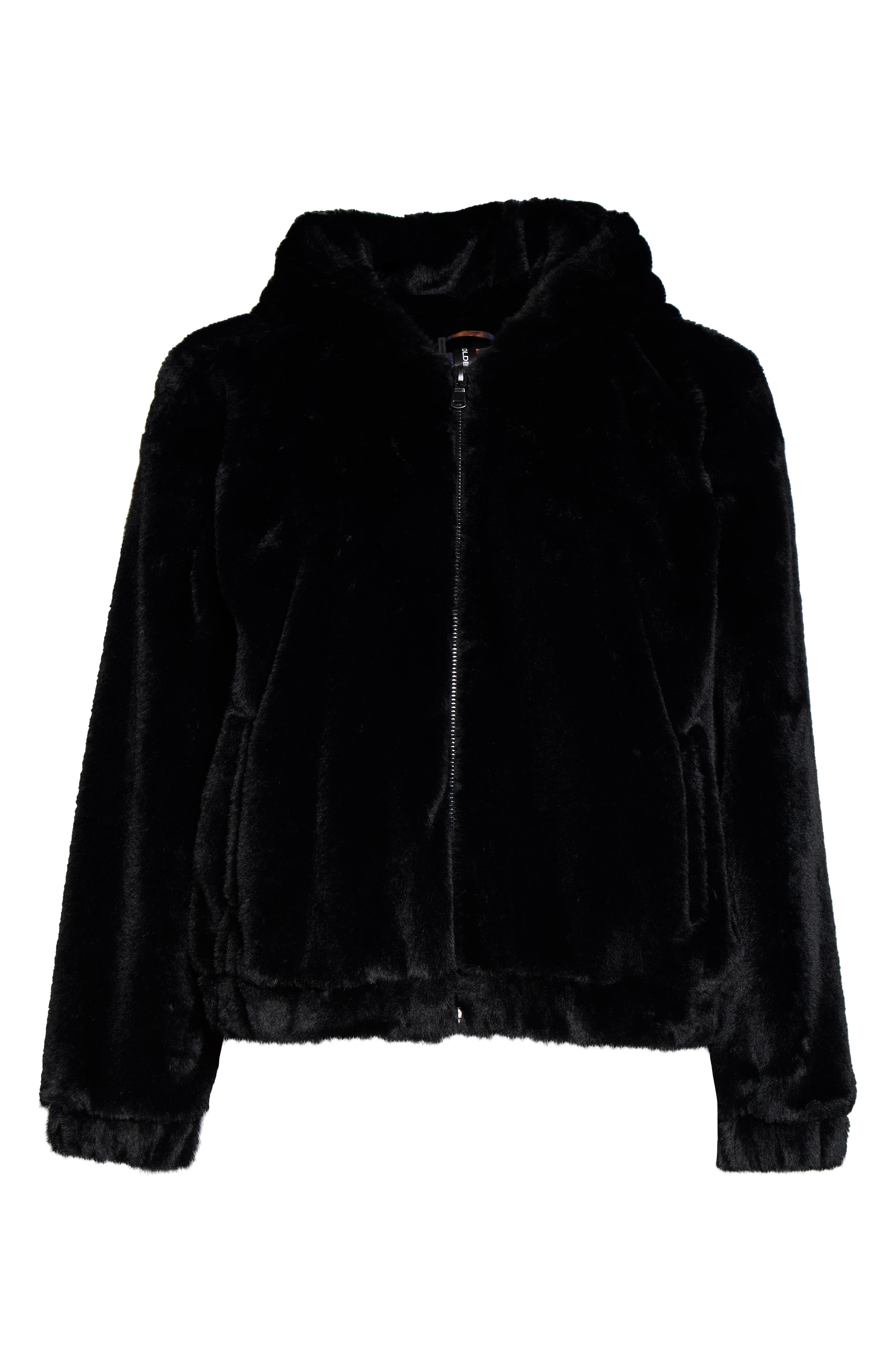 black fur bomber jacket with hood