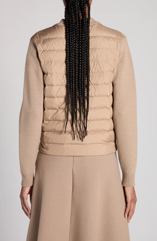 Shop Moncler Wool Blend Knit & Quilted Down Cardigan In Pink Taupe