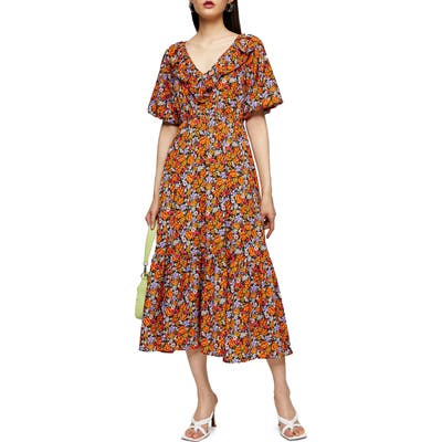 Topshop Ruffle Trim Floral Midi Dress, US (fits like 0-2) - Orange