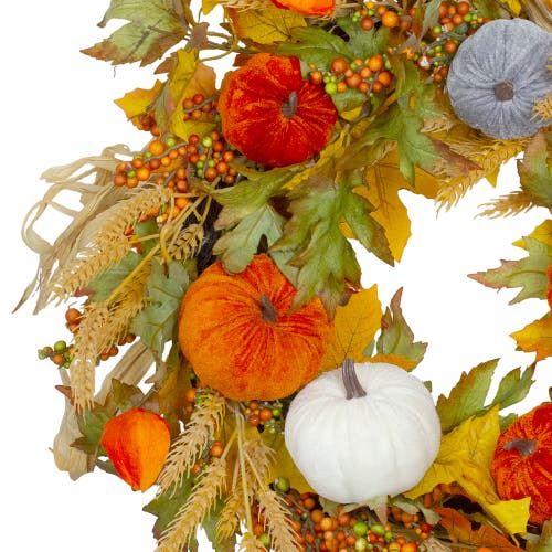 Northlight Velvet Pumpkins And Wheat Artificial Fall Harvest Wreath In Orange