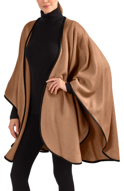 Leather Trim Alpaca Blend Wrap in Camel Brown Leather