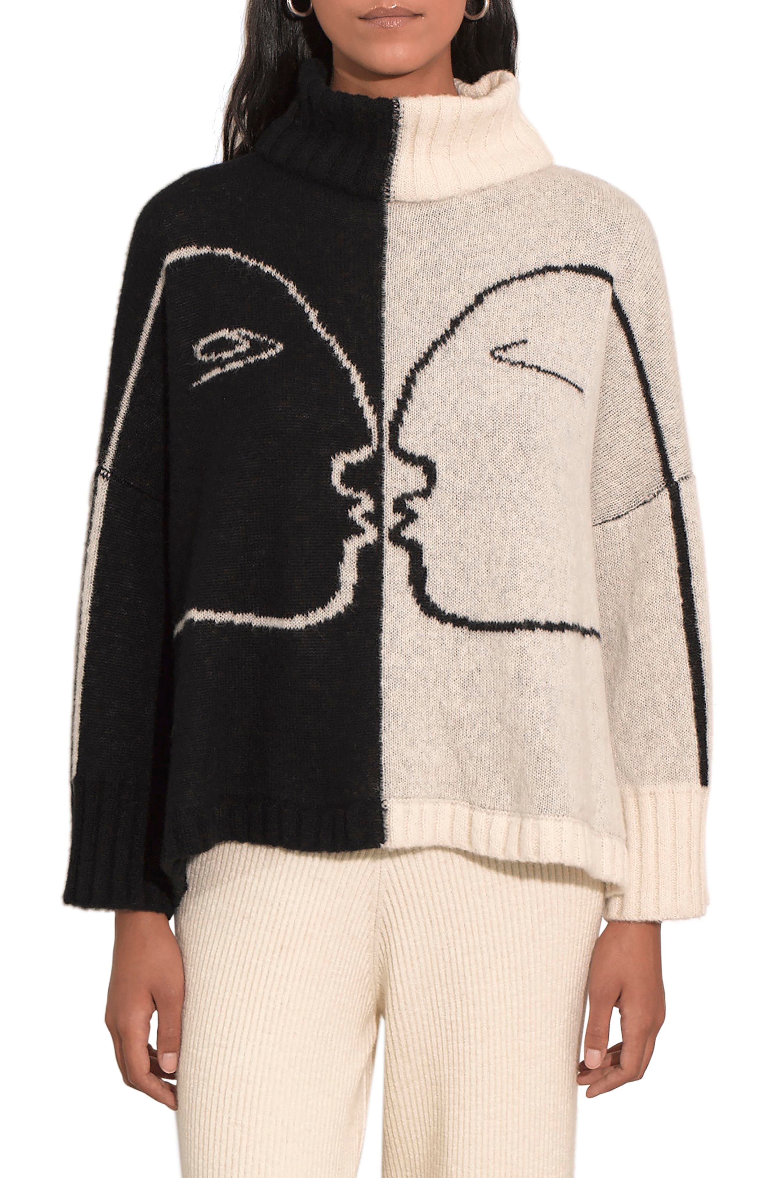 Eleven Six Love Alpaca Turtleneck Sweater in Ivory/Black Combo at Nordstrom
