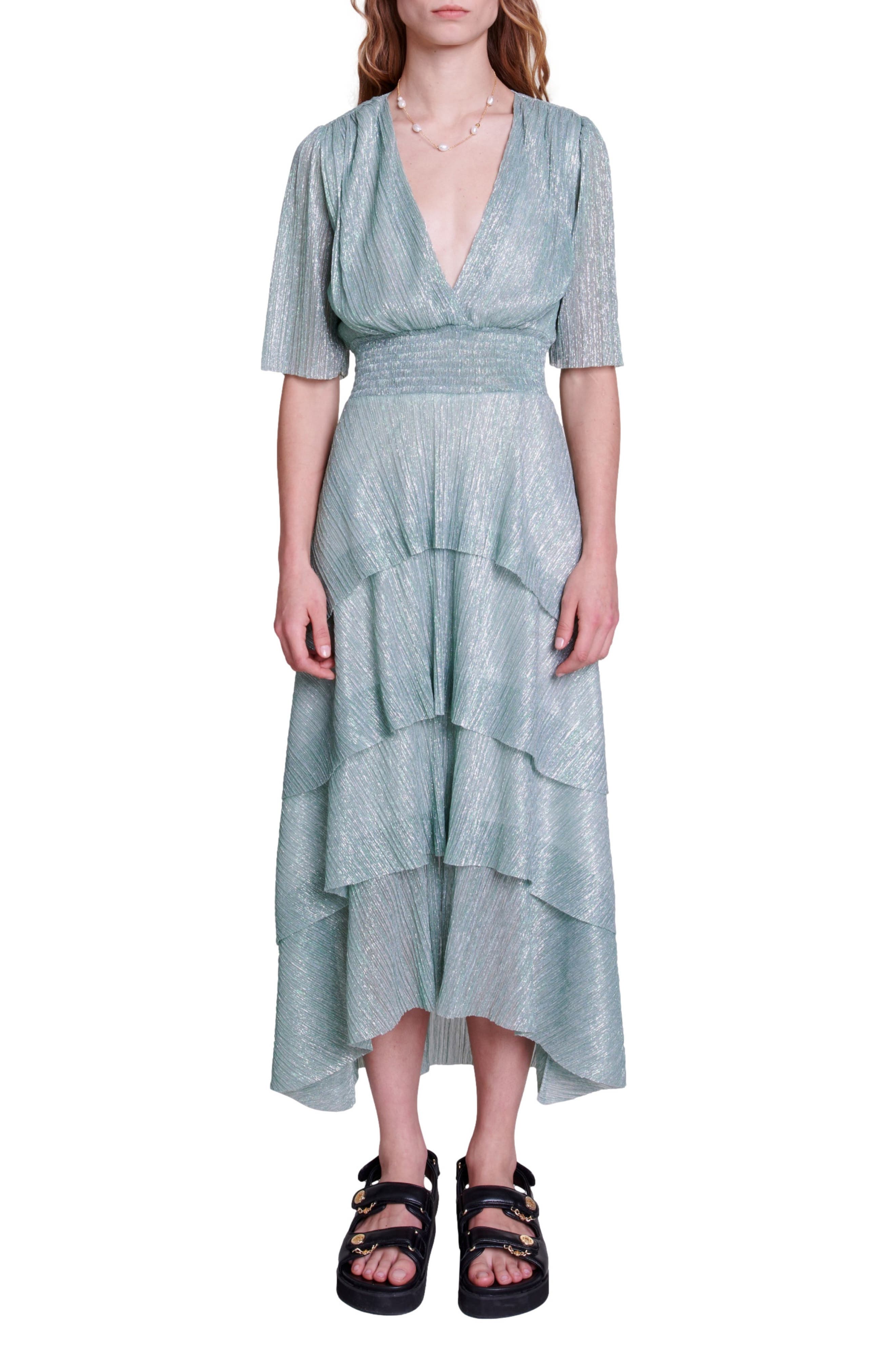 maje Metallic Tiered Ruffle High-Low Dress in Silver Green | Smart Closet