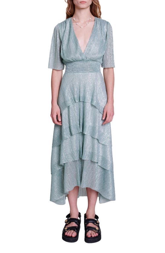 Shop Maje Metallic Tiered Ruffle High-low Dress In Silver Green