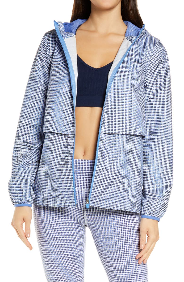 SWEATY BETTY Pack It Up Water Resistant Rain Mac, Main, color, BLUE SB MOVE PRINT