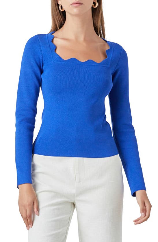 Shop Endless Rose Scallop Square Neck Sweater In Cobalt Blue