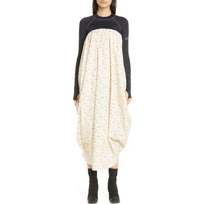 Marine Serre Upcycled Floral Print Long Sleeve Hybrid Midi Dress, White