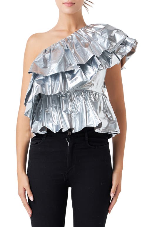 Endless Rose Metallic Tiered One-Shoulder Peplum Top Silver at Nordstrom,