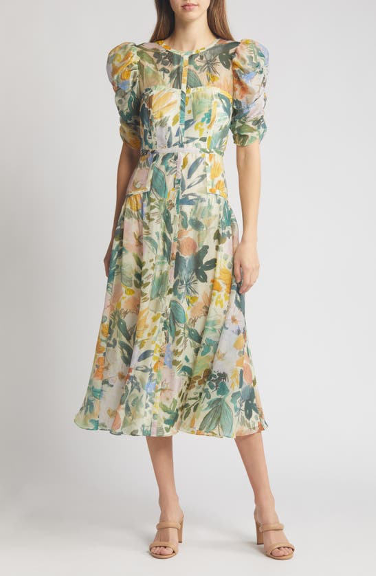 Shop Ted Baker Mincia Floral Puff Sleeve Midi Dress In Ivory