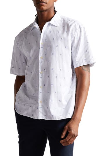 Ted Baker London Floral Stripe Short Sleeve Cotton Button-up Shirt In White