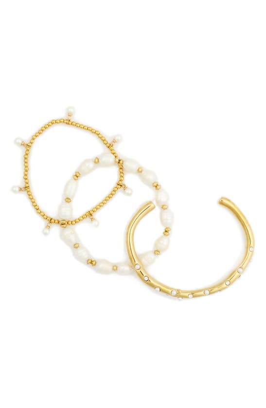Shop Eye Candy Los Angeles Lucia Set Of 3 Imitation Pearl Beaded & Cuff Bracelets In Gold