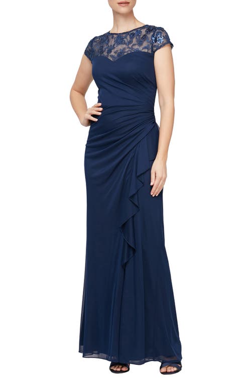 Alex Evenings Cascade Sequin Embroidered Gown Navy at Nordstrom,