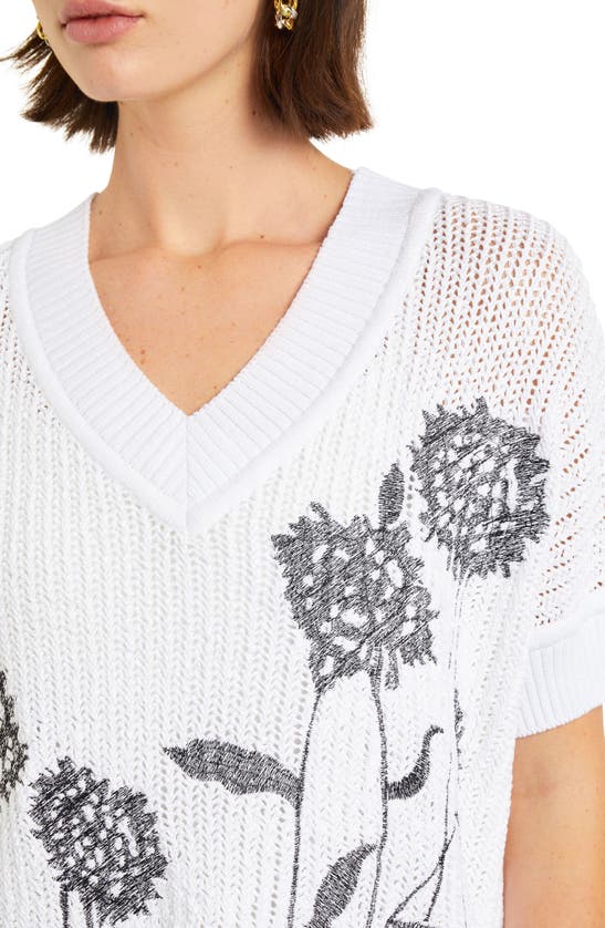 Shop Misook Floral Embroidered Short Sleeve Tunic Sweater In Black/ White