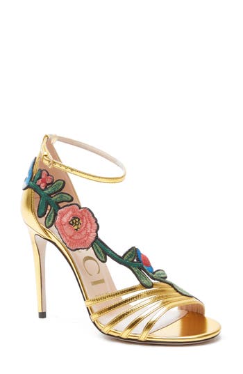GUCCI Embroidered Metallic Leather Mid-Heel Sandal in Oro/Gold | ModeSens