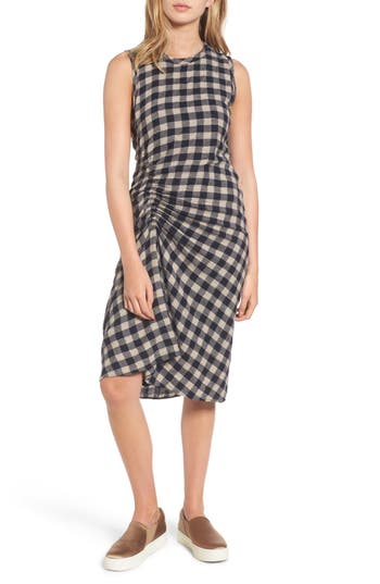 James Perse Ruched Checked Wool And Linen-Blend Dress In Sand/ French ...