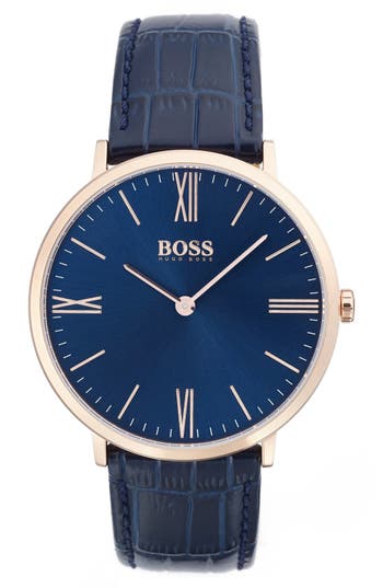 BOSS MEN'S JACKSON BLUE LEATHER STRAP WATCH 40MM 1513371, NAVY/ NAVY ...