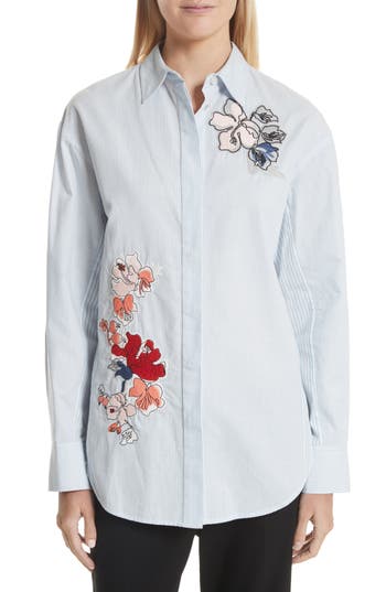 Grey Jason Wu Striped Cotton Button-Down Shirt W/ Floral Embroidery ...