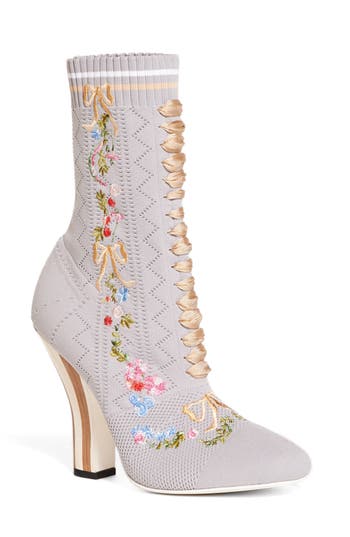 FENDI FLORAL-EMBROIDERED STRIPED-HEEL SOCK BOOTS, GREY MULTI | ModeSens