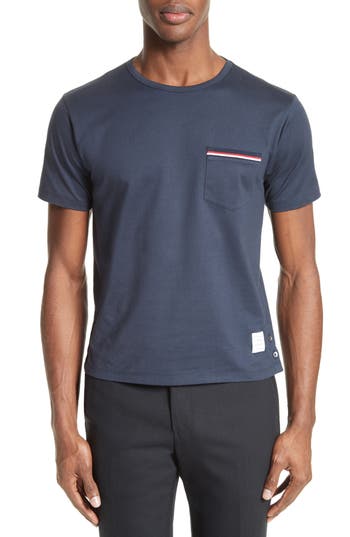 THOM BROWNE Short Sleeve T-Shirt With Chest Pocket In Navy Jersey ...