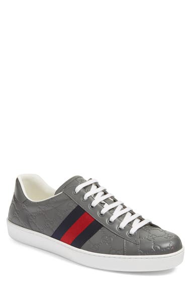 GUCCI NEW ACE LOW TOP LEATHER SNEAKERS, GREY | ModeSens