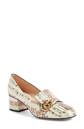 GUCCI MARMONT GG KILTIE ROSE-PRINT LEATHER LOAFERS, WHITE PATTERNED | ModeSens