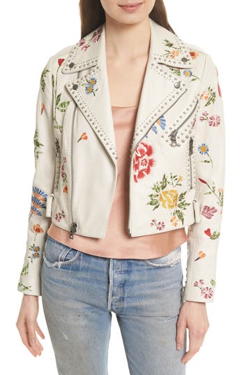 ALICE AND OLIVIA CODY EMBROIDERED STUDDED LEATHER JACKET, OFF WHITE ...