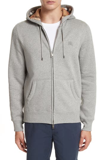 BURBERRY Claredon Jersey Hoodie W/Check Lining, Pale Gray | ModeSens