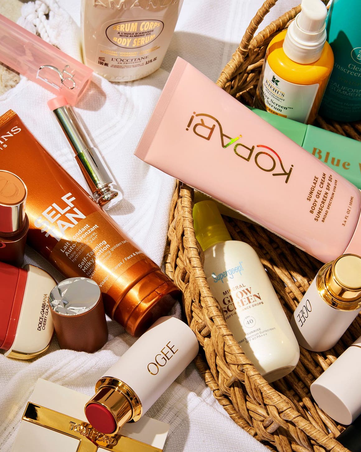 Self-tanner, sunscreen and makeup.