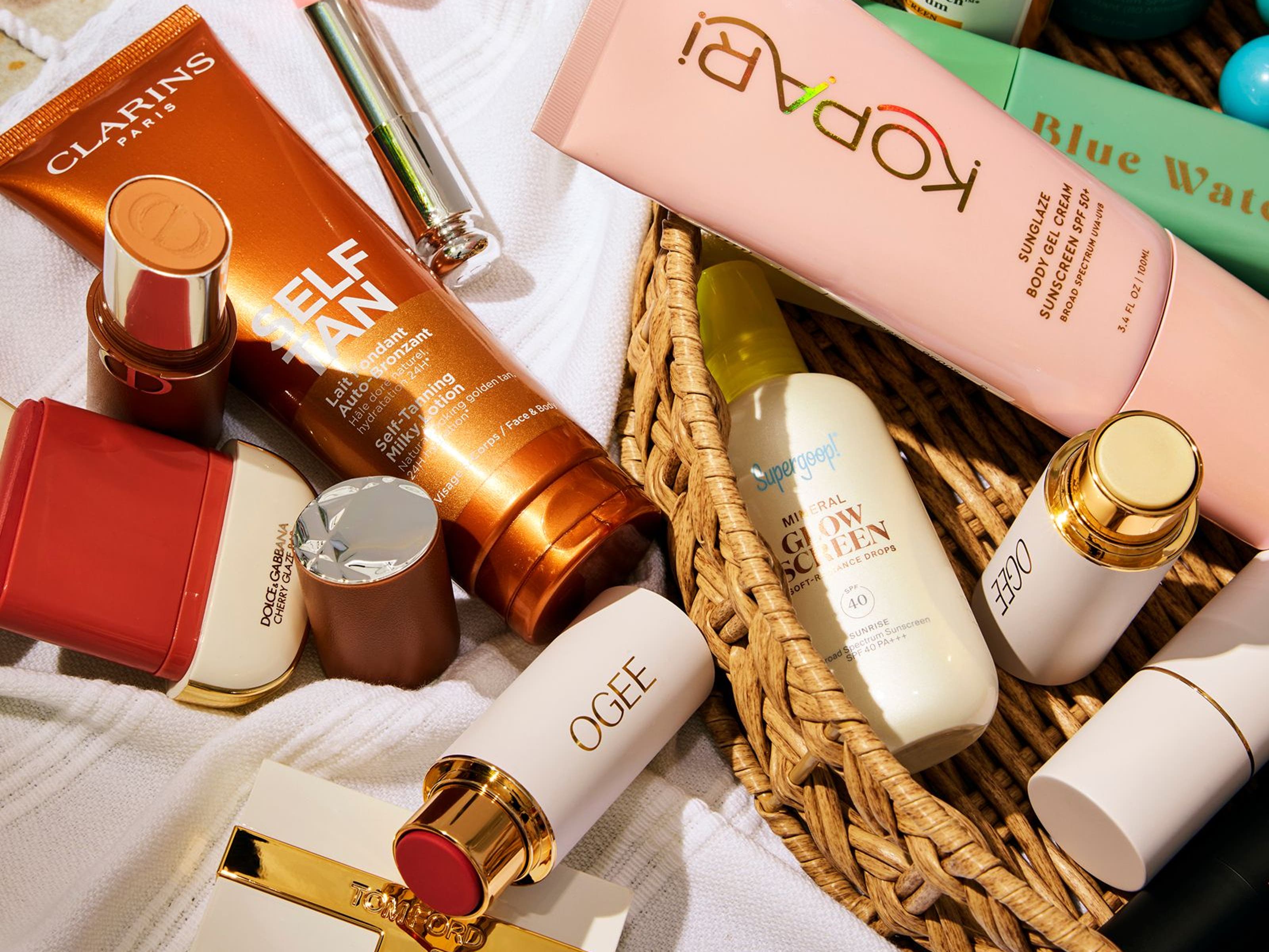 Self-tanner, sunscreen and makeup.