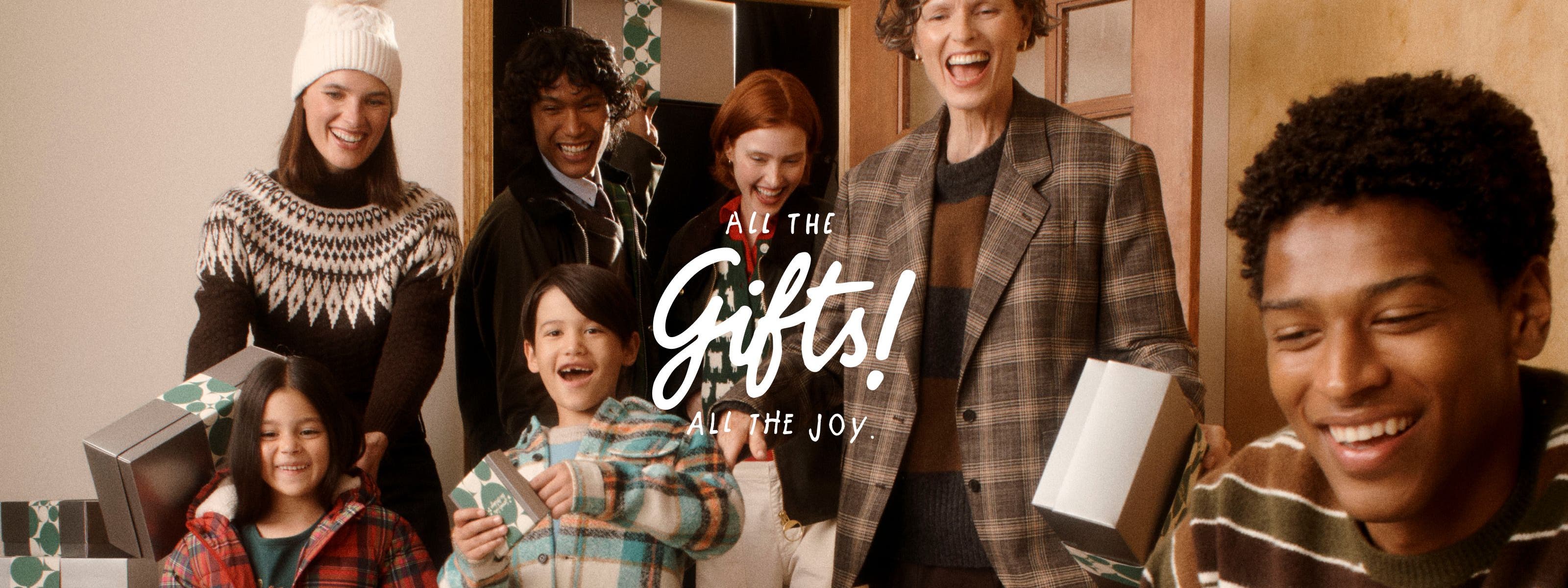 All the gifts! All the joy. Men, women and kids with gifts.