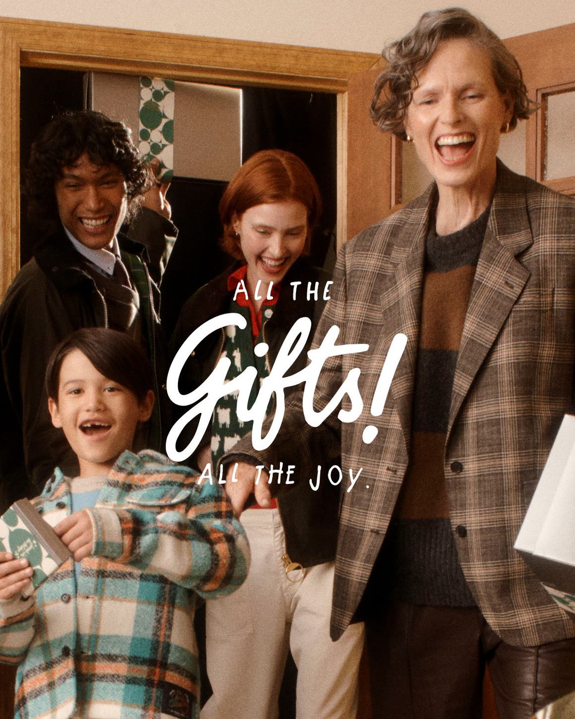 All the gifts! All the joy. Men, women and kids with gifts.