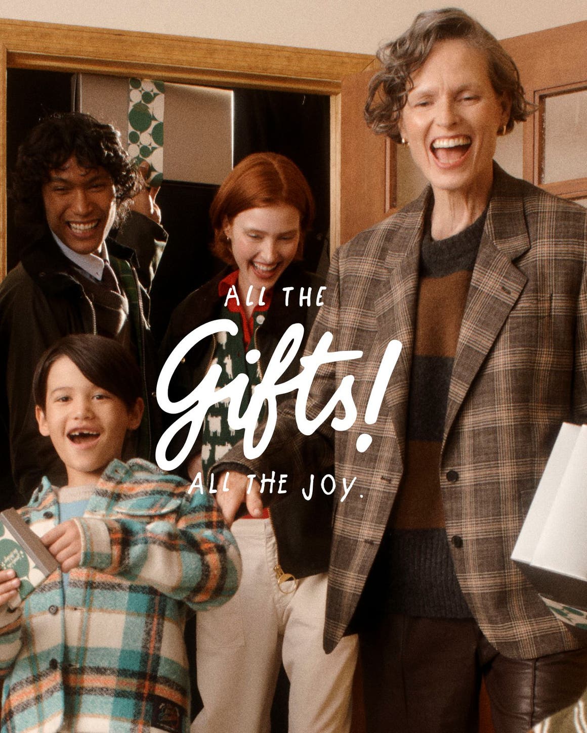 All the gifts! All the joy. Men, women and kids with gifts.